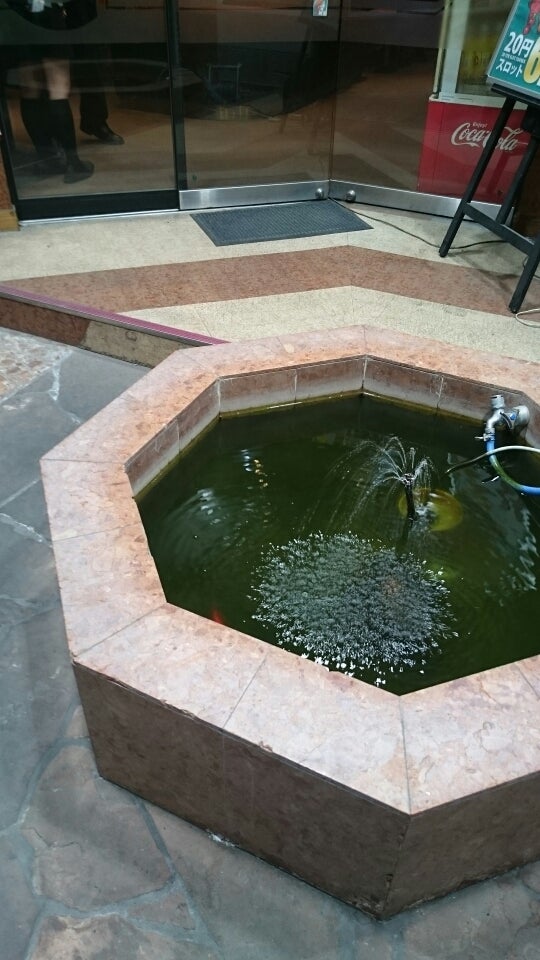 パチンコ店入口の噴水と「20円スロット」看板(郊外店の実景)(2016-03-05)